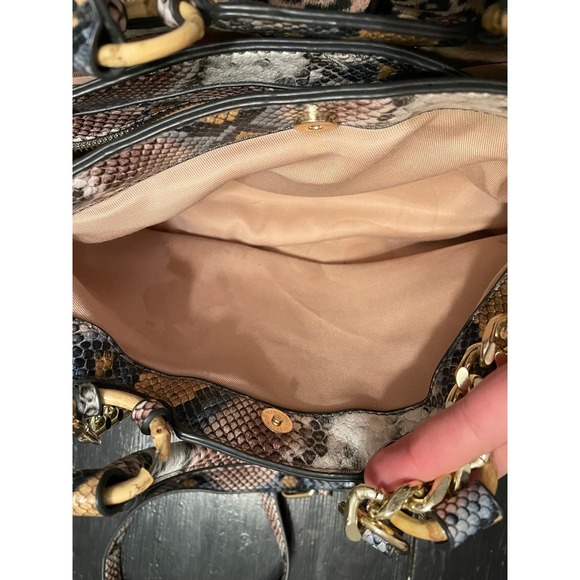 JustFab Womens Snakeskin Print Satchel Handbag Multi-Color Bamboo Detail - Picture 4 of 5